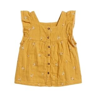 Cat & Jack Girls Mustard Yellow Cotton Gauze Floral Ruffle Button Top Size 7/8
